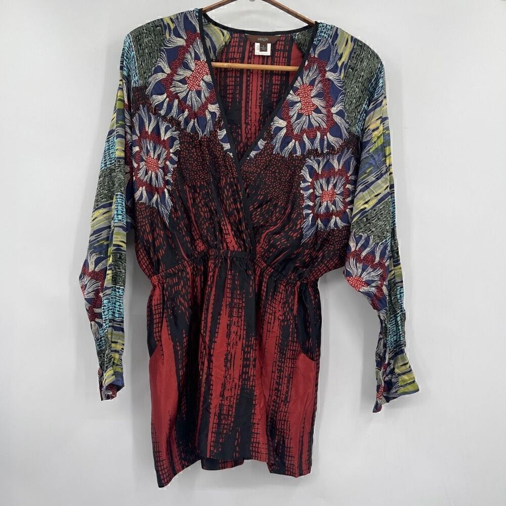 Single Multicolor Abstract Print Long Sleeve Silk Wrap Mini Dress Small